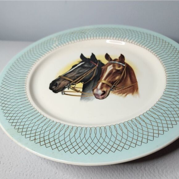 Pair of Horse Heads Decorative Plate Turquoise Rim Taylor Smith & Taylor - Picture 4 of 5